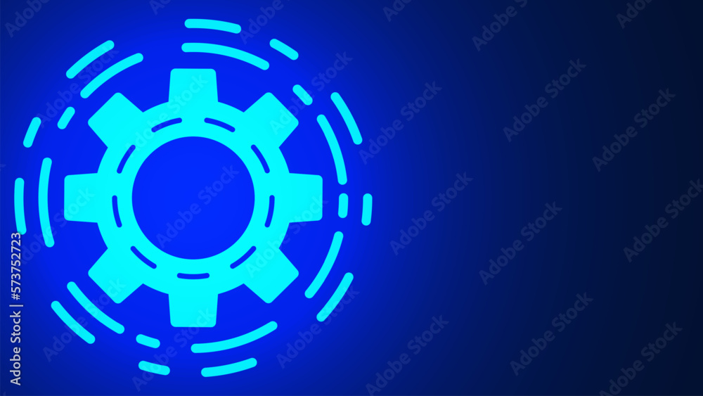 Digital technology with glowing gear wheel on blue background for science and futuristic technology concept.