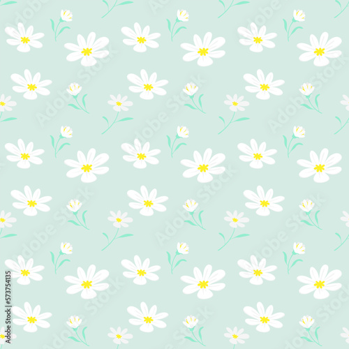 Seamless pattern of daisies on pastel green in flat style.