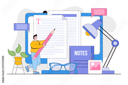 Creative writing or blogging, education and content management concept with people character. Outline design style minimal vector illustration for landing page, hero images