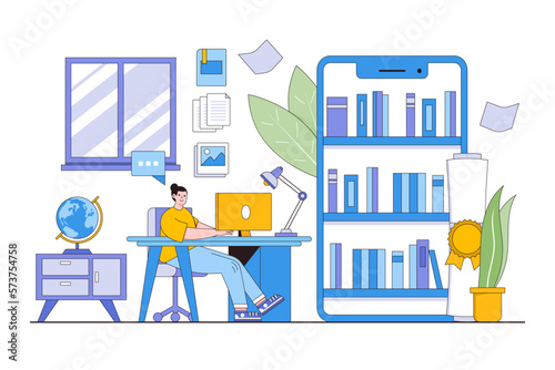 Online education, student learning at home concept. People character sitting at desk looking at computer and studying with smartphone and exercise books