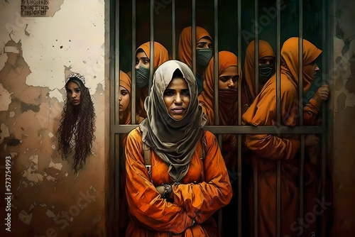 Brave iranian or muslim women behind bars in prison or detention, tortured and scared, for fighting for their human rights, screaming and yelling for justice for women in the arab and muslim world photo
