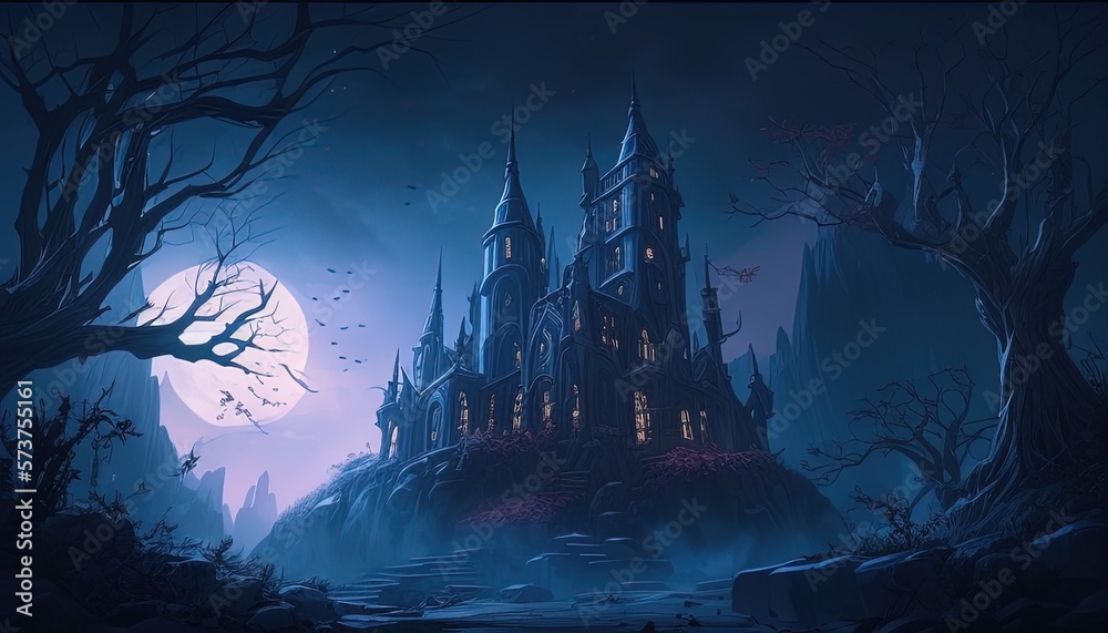 Majestic castle stands in eerie darkness, surrounded by ominous shadows