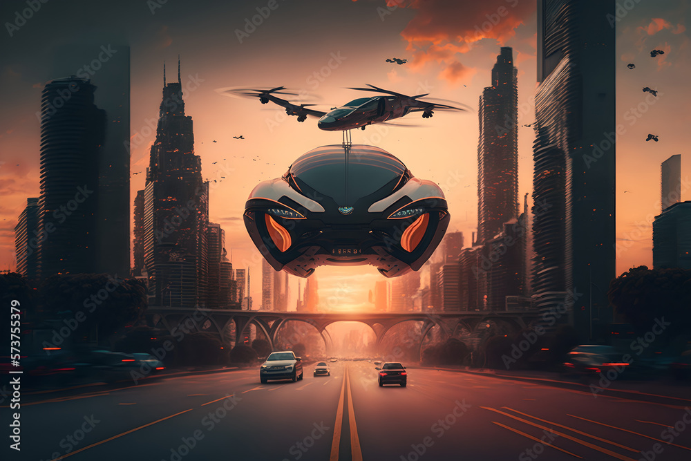Futuristic flying aircraft, hovering over a future city with ...