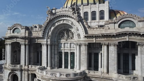 a drone footage video of the palace of fine arts in mexico city, art and culture visit mexico city, historic center in spring season