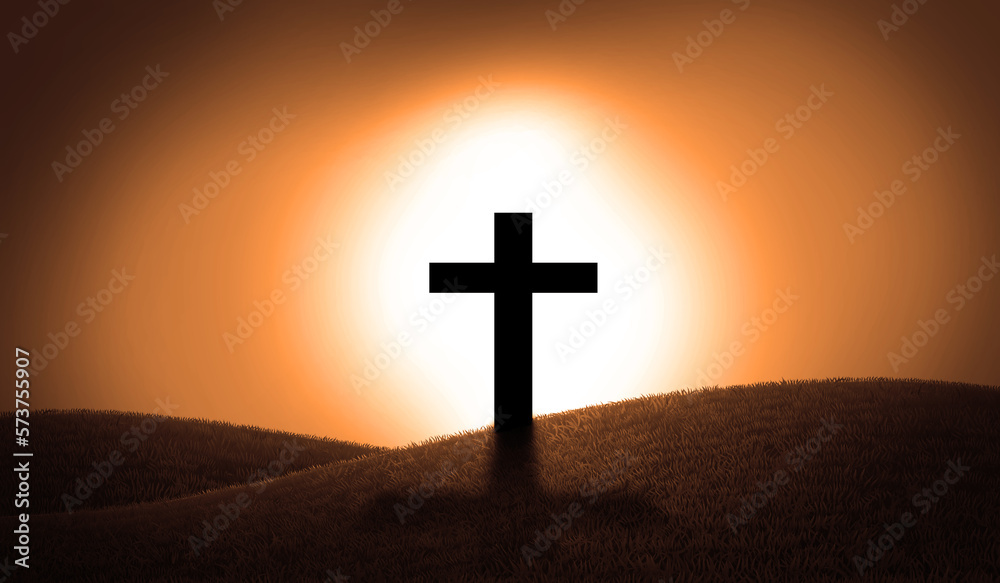 Cross Against Sunset and Sun Light Sky.  Crucifix symbol Over Hill Christian religion,  Resurrection and Salvation Concept. 