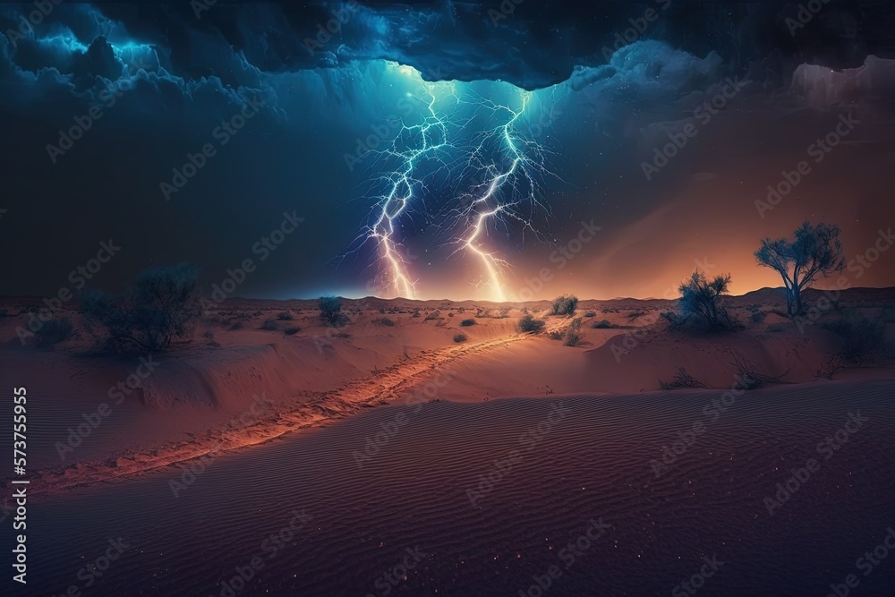 Struck by lightning in the middle of the desert. Desert at night, during a lightning and sandstorm. Imaginary scenery. Generative AI