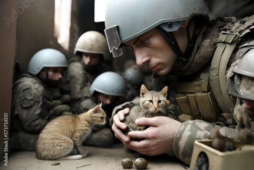Fotografia Ukranian soldiers show humanity and adopt a litter of kittens while at the bruta