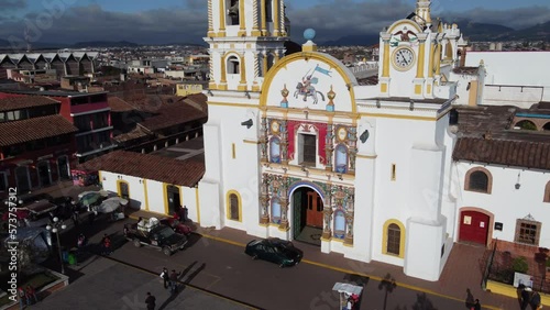 Chignahuapan, Puebla Mexico. Nov 23 2022. Panoramic drone view of the indigenous Baroque church Parroquia de Santiago Apóstol in the central Plaza de Armas. photo