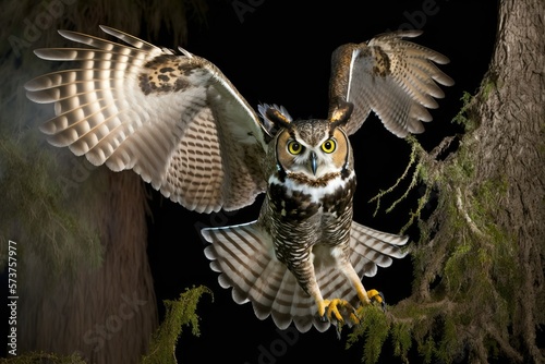 An adult great horned owl (Bubo virginianus) flies toward the camera from an oak tree in north Florida, its golden eyes locked on the camera as it flies. The owl's wings are spread and flared, reveali photo