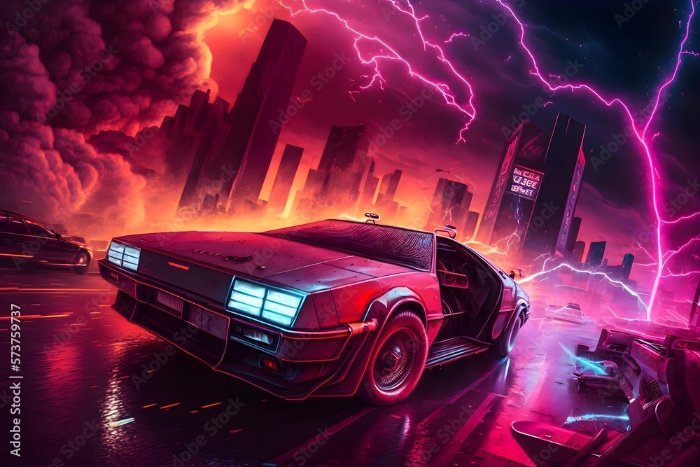 DeLorean traveling back in time | Back to the Future inspired Ai Generated wallpaper/background | - obrazy, fototapety, plakaty 