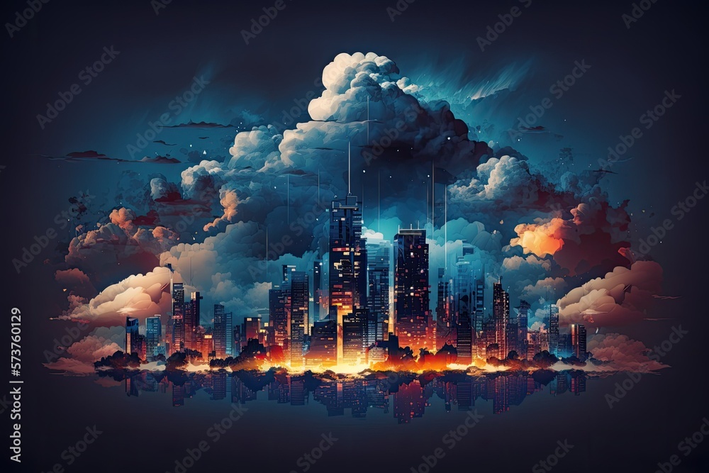 Cityscape with Dramatic Evening or Nighttime Clouds. Generative AI