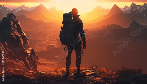 A majestic mountain peak with vibrant colors of the sunset in the background, while a man hiking with a backpack on a trail in the foreground