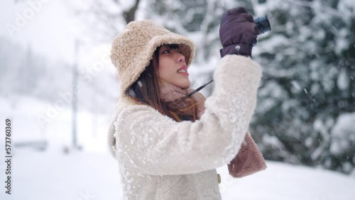 woman, digital camera, photography, snow, winter, village, vacation, travel, asia, asian, attractive, beautiful, clothing, cold, covered, footpath, forest, frozen, girl, happy, japan, japanese, journe photo