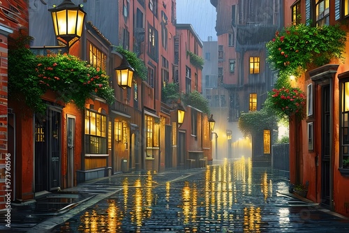 Full Highly detailed painting Illustration of beautiful alley when it rains
