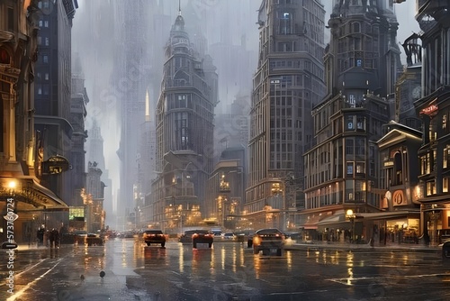 Full Highly detailed painting Illustration of beautiful cinematic city when it rains