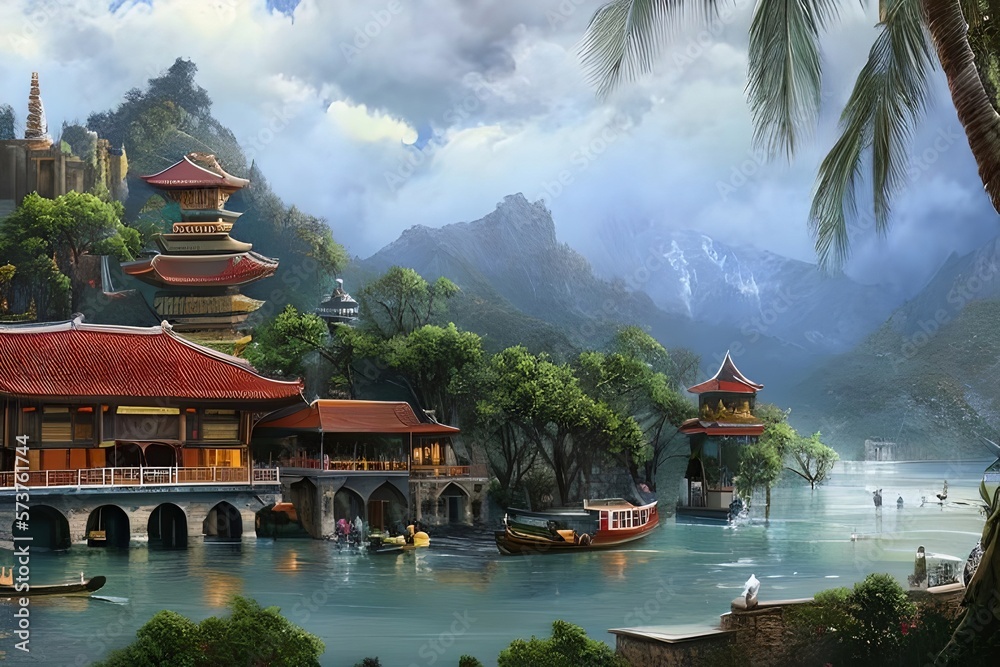 Full Highly detailed painting Illustration of beautiful travel place when it rains