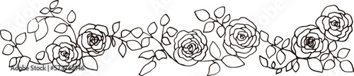 モノクロ線画の薔薇イラスト。モノクロのベクター薔薇イラスト。手描きのシンプル植物画。Black-and-white line drawing rose illustration. Black-and-white vector rose illustration. Hand-drawn simple botanical drawing.