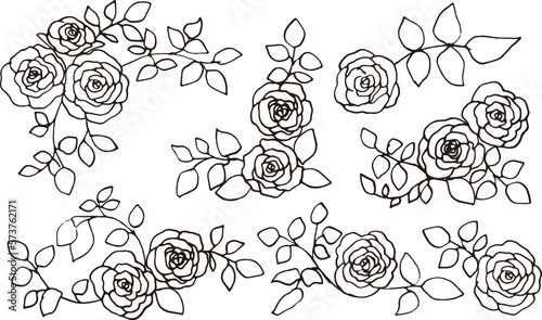モノクロ線画の薔薇イラスト。モノクロのベクター薔薇イラスト。手描きのシンプル植物画。Black-and-white line drawing rose illustration. Black-and-white vector rose illustration. Hand-drawn simple botanical drawing.