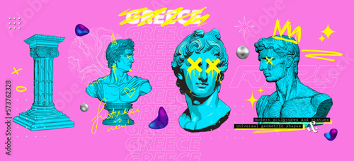 Retrofuturistic Gallery Exhibits in vaporwave style, 80s 90s in art exhibition illustration. Exhibition, classics and antiquity with abstract shapes. Museum with modern Greek sculptures. Y2K. Vector