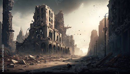 Fotografie, Obraz the destroyed city illustration by generative Ai