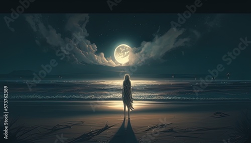 Gorgeous woman gracefully posing on sandy beach, with oceanic horizon