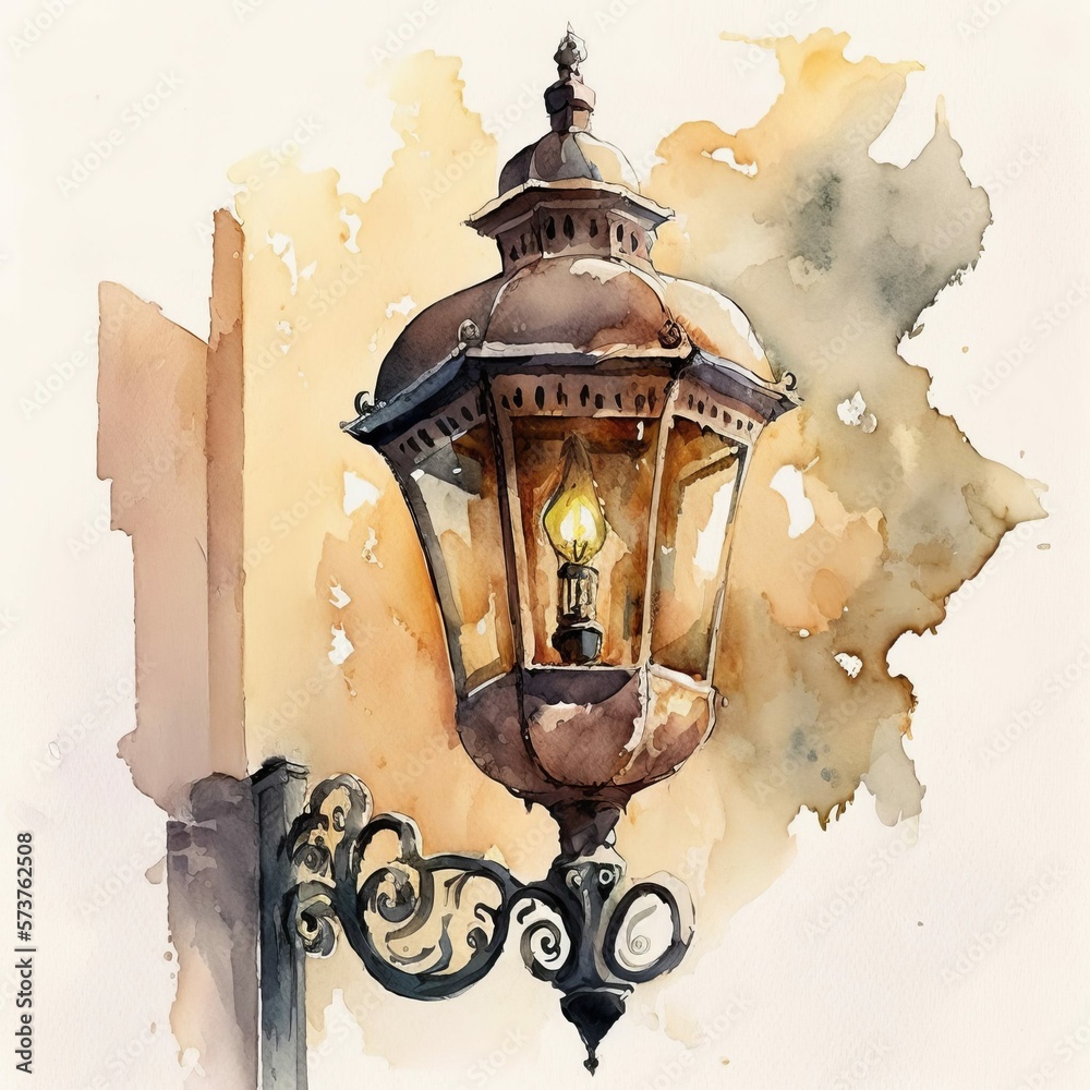 Old Fashioned Vintage Iron Lantern on a House or Building,, Lamp Light,  Watercolor Painting, City Lamp, Gas Lamp, Painted Style Object [AI  Generative] Stock Illustration | Adobe Stock