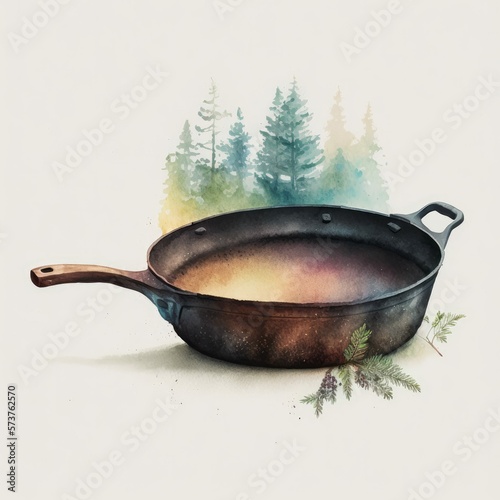 Cast Iron Skillet, Castiron Pan, Frying Pan, Rusty Rustic Cabin, Backwoods Painting,  Watercolor Painted Style Cooking Object [AI Generative] photo