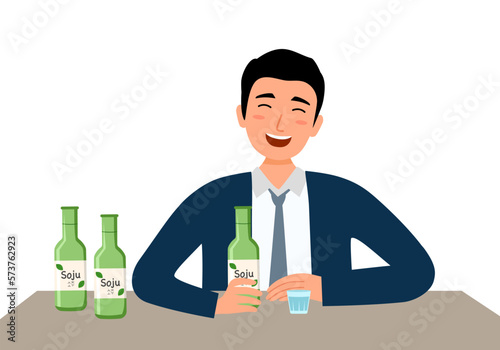 Businessman enjoy drinking soju Korean drink in flat design on white background.