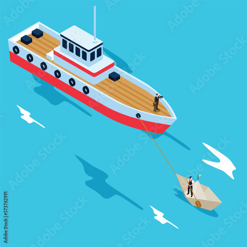 Man in a business suit with a telescope sails on a huge ship 3d isometric vector illustration concept for banner, website, landing page, ads, flyer template