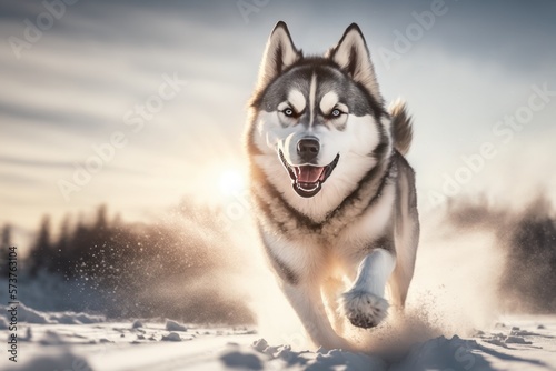 A Serene Scene of a Beautiful Husky Running Freely in the Snow Generative AI