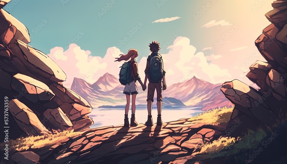 Obraz premium Happy couple exploring scenic trail, surrounded by majestic mountains