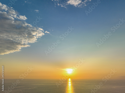 aerial panorama photography colorful sky in twilight above Promthep cape viewpoint . .Promthep cape is the most popular and famous viewpoint in Phuket island. .Scene of Colorful light in the sky 