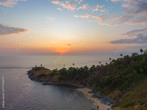 aerial panorama view  sky in sunset at Promthep cape.Promthep cape is the most popular and famous viewpoint in Phuket island..the most tourist always come to see sunset. . © Narong Niemhom