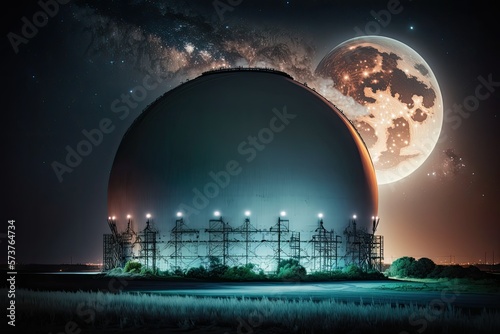 Liquefied natural gas (LNG) storage tank at night. Industrial spherical gas storage tank. Generative AI