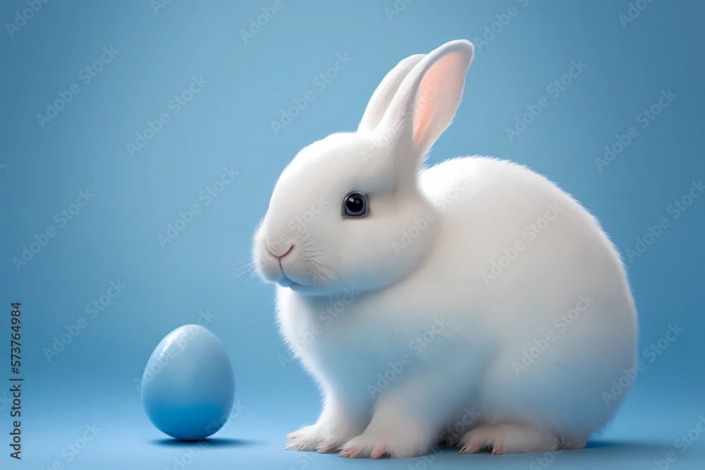 white rabbit on blue background, studio shot, easter bunny, year of the rabbit, cute small mini fluffy, furry rabbit with blue easter egg white rabbit on blue background, studio shot, easter bunny, year of the rabbit, cute small mini fluffy, furry rabbit with blue easter egg