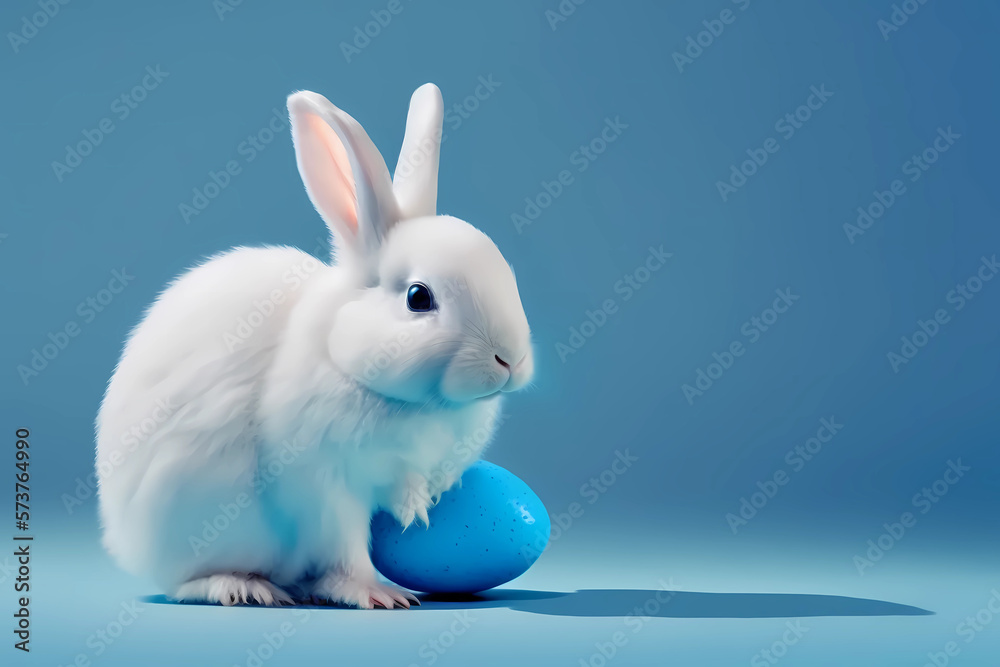 white rabbit on blue background, studio shot, easter bunny, year of the rabbit, cute small mini fluffy, furry rabbit with blue easter egg white rabbit on blue background, studio shot, easter bunny, year of the rabbit, cute small mini fluffy, furry rabbit with blue easter egg