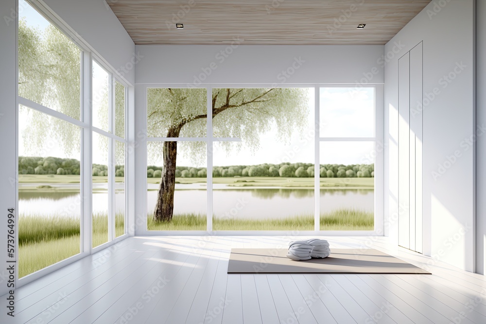 Clean and calm yoga studio with beautiful nature view. Interior design.  Generative AI Stock Illustration