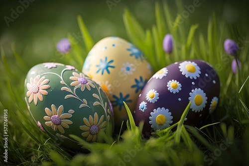 A stock photo of Decorated Easter eggs in an Easter. Photographed with low depth of field with a green grass background. Photographed using the Canon EOS 5DSR at 50mp and the 100mm f2.8 IS L macro len photo