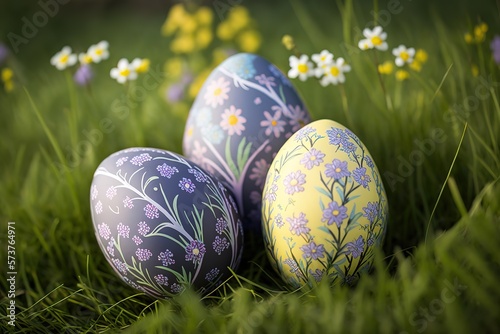 A stock photo of Decorated Easter eggs in an Easter. Photographed with low depth of field with a green grass background. Photographed using the Canon EOS 5DSR at 50mp and the 100mm f2.8 IS L macro len
