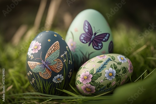 A stock photo of Decorated Easter eggs in an Easter. Photographed with low depth of field with a green grass background. Photographed using the Canon EOS 5DSR at 50mp and the 100mm f2.8 IS L macro len photo