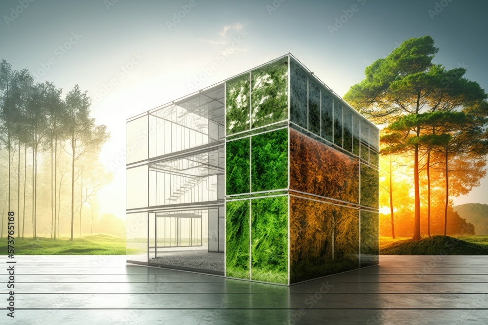 Sustainability in urban construction nowadays. Heat and carbon dioxide emissions can be reduced by both the glass structure's insulation and the surrounding forest. Environment friendly workplace desi - obrazy, fototapety, plakaty 