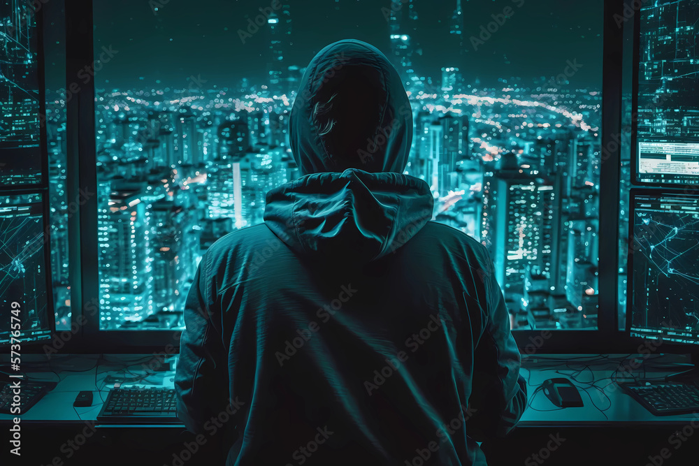 Hooded Hacker in Modern Technological Monitoring Control Room with ...
