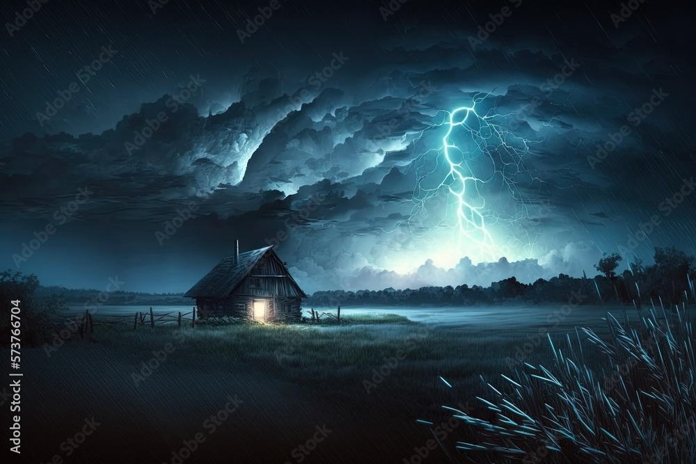Stormy night in the countryside, with a spectacular image of lightning ...