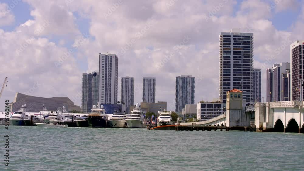Miami International Boat Show by Venetian Causeway. 8k telephoto video Miami International Boat Show by Venetian Causeway. 8k telephoto video