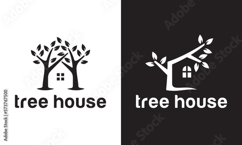 tree with house logo. garden plant natural symbol design vector.