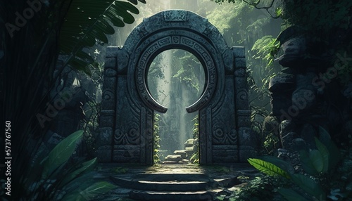 Enchanting portal hidden in lush tropical forest, beckoning to adventure