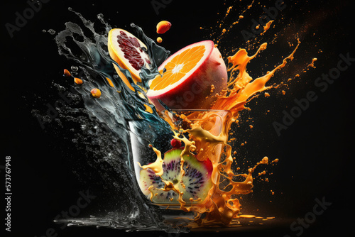 Blender with fruit flying, isolated on black background, fruit juice and splash, generative AI