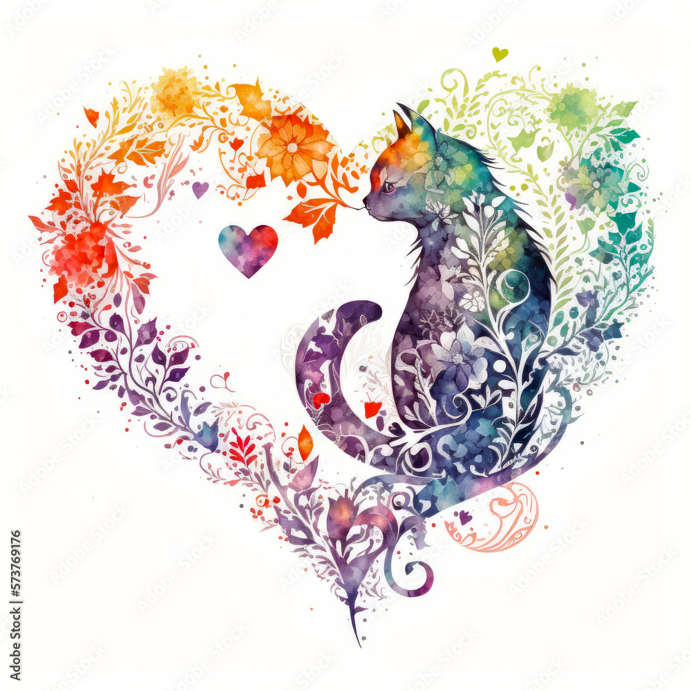Watercolor Illustration of a Flowery Vintage Heart and Cat Design, Made in Part with Generative AI
