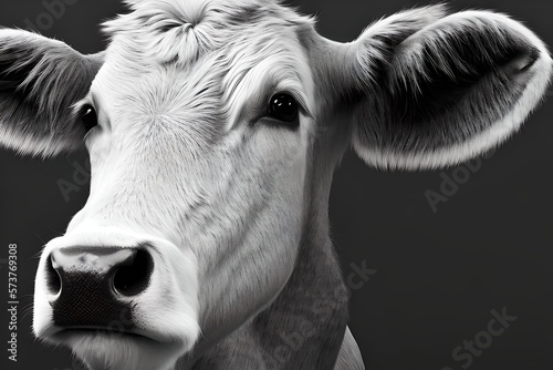 Professional closeup portrait of a cow face in a studio, black and white tones coloration, white cow head with black nose