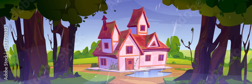 Summer landscape with rainy forest and village house. Nature scene with countryside cottage, garden with puddle, trees and bushes with green foliage under raindrops, vector cartoon illustration